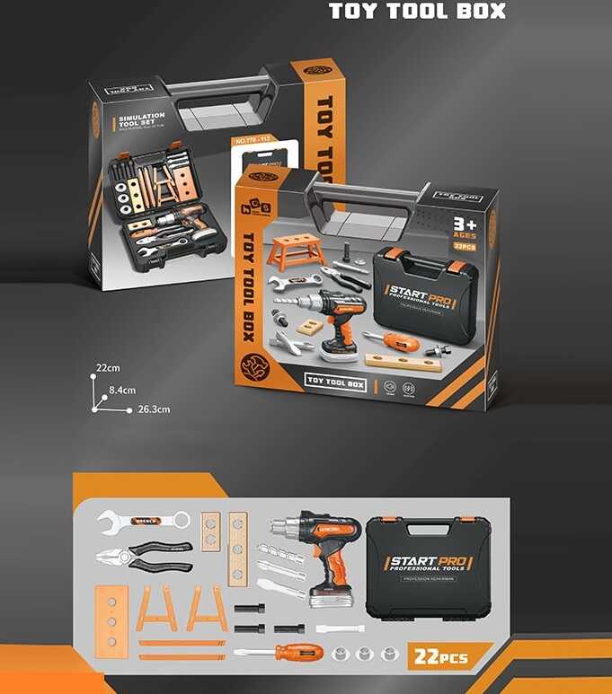 Набір інструментів 778-112 (48/2) 22 елементи, функціональний дриль, гаєчний ключ, плоскогубці, викрутка, в коробці