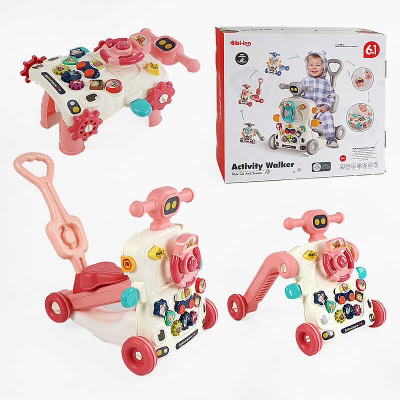 Каталка 6038 (5) рожева, 6 в 1, трансформується у толокар, батьківська ручка, звуки, мелодії, підсвічування, пискавка, геометричний сортер, шестерні, в коробці