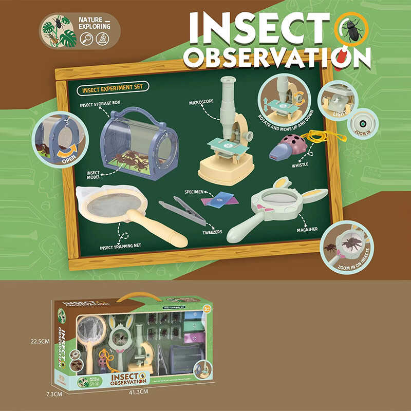 Набір дослідів W 612 (48/2) мікроскоп на батарейках, підсвітка, лупа, сачок, пінцет, моделі комах, в коробці