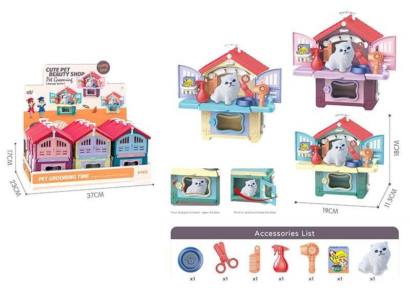 Тварини 9988-78 (16) ЦІНА ЗА 9 ШТУК В БЛОЦІ, фігурка котика, набір для грумінгу, будиночок