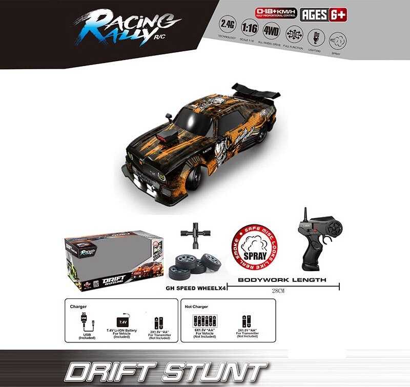 Машина на радіокеруванні SC 16 A 17 (12) масштаб 1:16, акумулятор 3.7V, пульт керування 2.4 GHz, дрифтує, 4WD, змінні колеса, підсвічування, парогенератор, в коробці