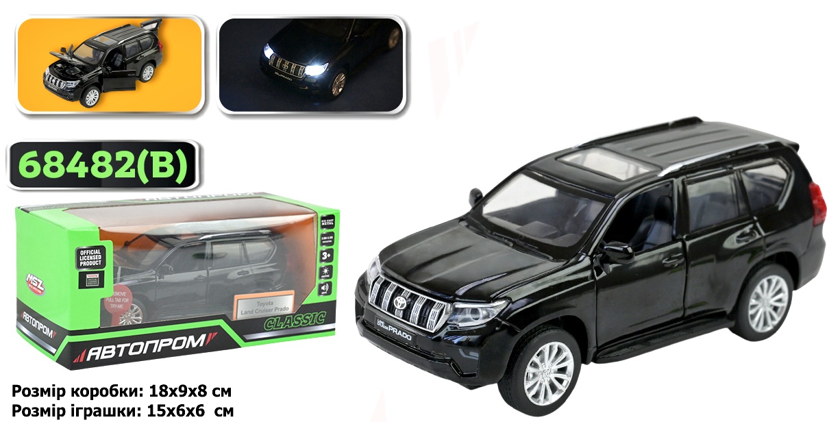Машинка 68482 , Toyota Land Cruiser Prado , масштаб 1:32 , 2 кольори , світло, звук , метал , відкр. двері і багажник , коробка, серія машинок "АВТОПРОМ"