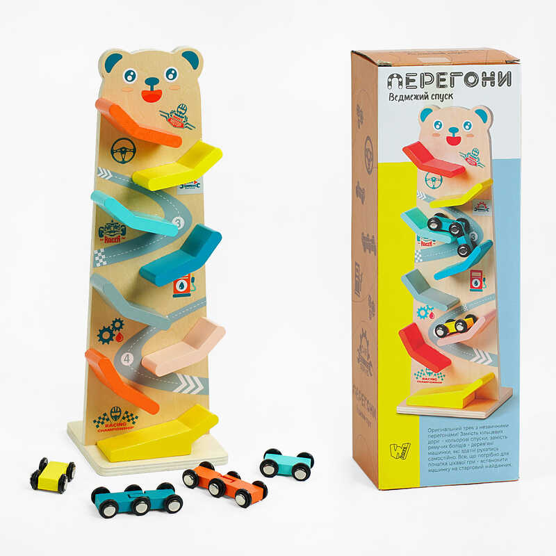 Трек C 61463 (24) "WToys", 8 спусків, 4 машинки, дерев’яний, в коробці