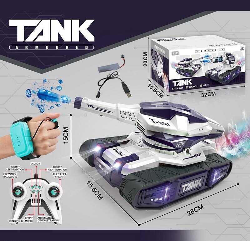 Танк на радіокеруванні 399 D-7 (18) пульт 2.4 GHz, акумулятор 3.7 V, сенсорний браслет, стріляє орбізами, генерує пару, звуки, підсвічування, орбізи, пляшечка, дріт, в коробці