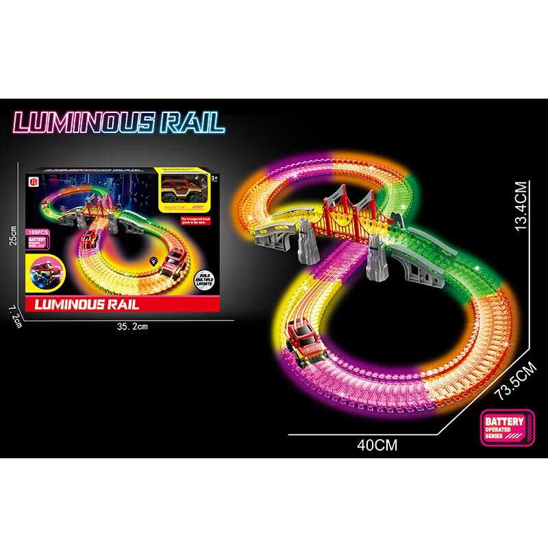 Трек 888-133 (48) люмінесцентний, довжина 74см, 199 деталей, машинка, автоматична їзда, підсвічування фар, в коробці