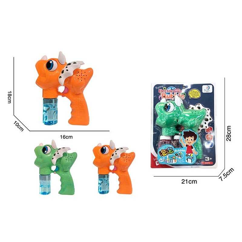 Пістолет з мильними бульбашками 6267 (60/2) 2 кольори, “Динозавр”, на батарейках, музика, підсвічування, 2 пляшки мильного розчину, автоматичний принцип, на листі