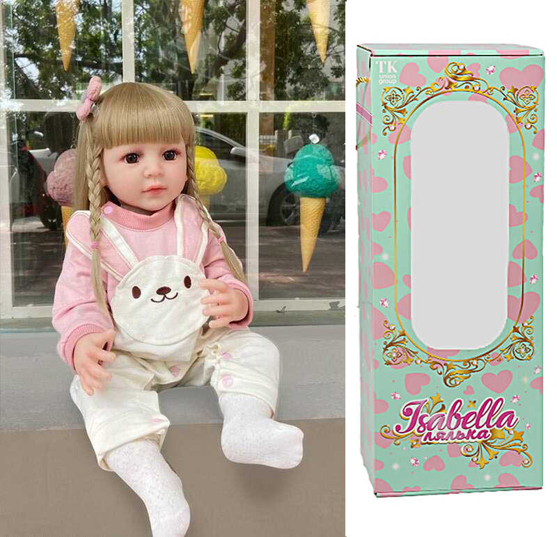 Лялька QM 120 / QM 24120 (12) "TK Group", висота: 50 см, гумова, імітація скляних очей, пустушка, пляшечка, памперс, шкарпетки, прикраса для волосся, в коробці