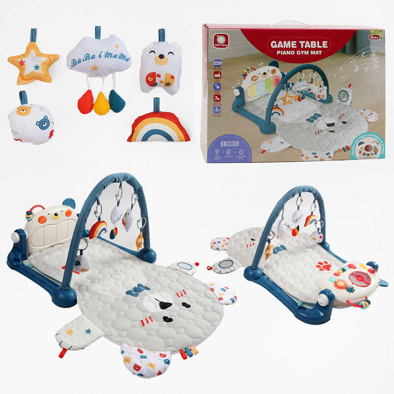 Килимок HX 9158 A Штрих = 50972 (6) СИНІЙ, розмір - 99х61 см, висота дуги - 45 см, 5 підвісок — брязкалець, піаніно — бізіборд, підсвічування, звуки, шестерні, кільця, геометричні фігурки, в коробці