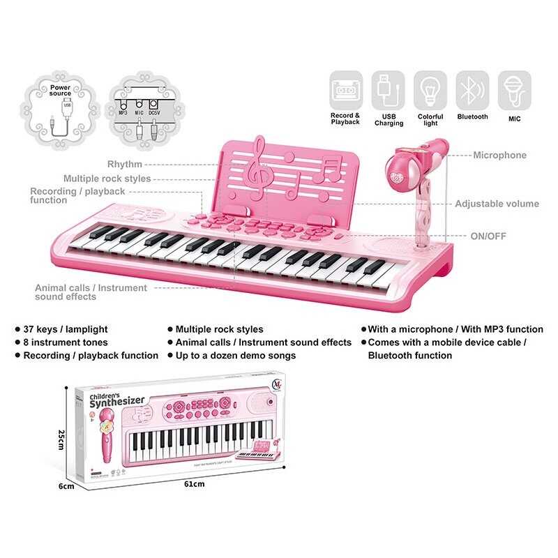 Синтезатор 6652 (18/2) 37 клавіш, мікрофон, вбудований акумулятор, Bluetooth, звуки тварин та музичних інструментів, мелодії, 3 AUX-роз'єми, USB-AUX кабель, регулювання гучності, функція запису, в коробці