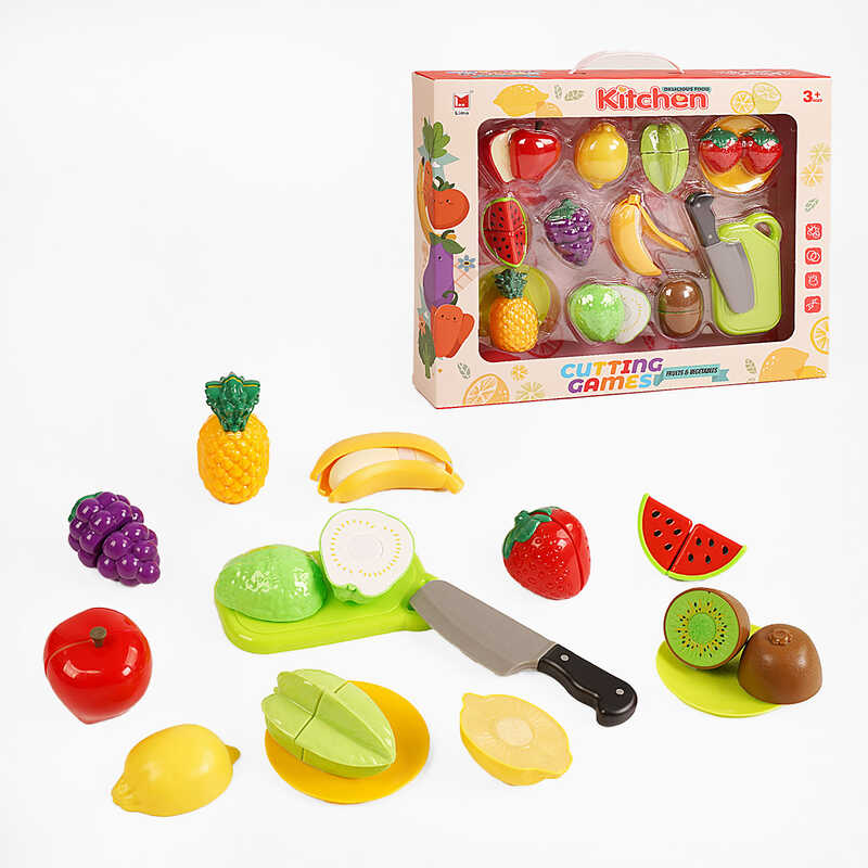 Продукти на липучках 1290 A (18) 10 фруктів, ніж, 2 тарілки та дошка для нарізання, в коробці