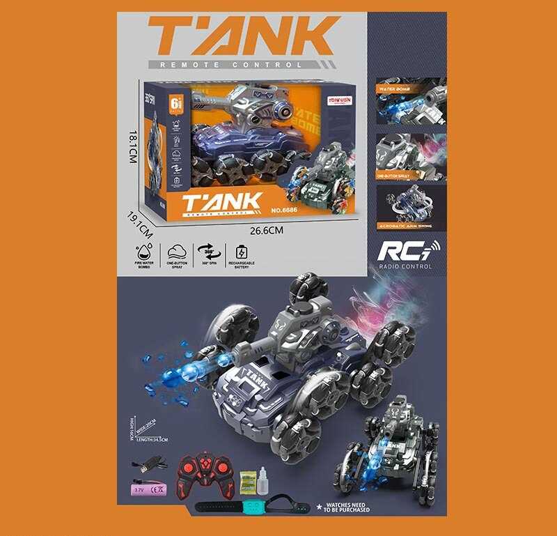 Танк на радіокеруванні 6689 (24) акумулятор 3.7 V, пульт 2.4 Ghz, браслет, підсвічування, парогенератор, стріляє орбізами, роликові колеса, в коробці