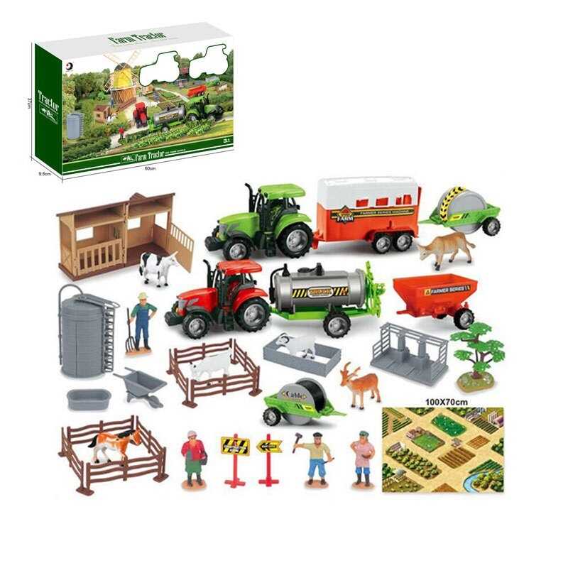 Ферма 1808-2 (16) 2 трактори з інерцією, гумові шини, розкладний хлів, 5 причепів, мапа з фермою 100х70 см, фігурки фермерів, тварин, дерево, огорожі, в коробці